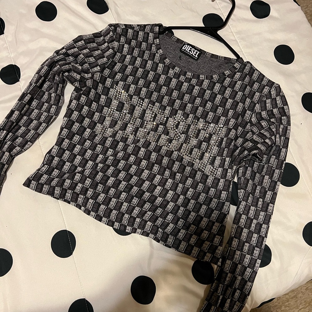 Diesel Graphic Crop Long Sleeve Tee Black and Gray